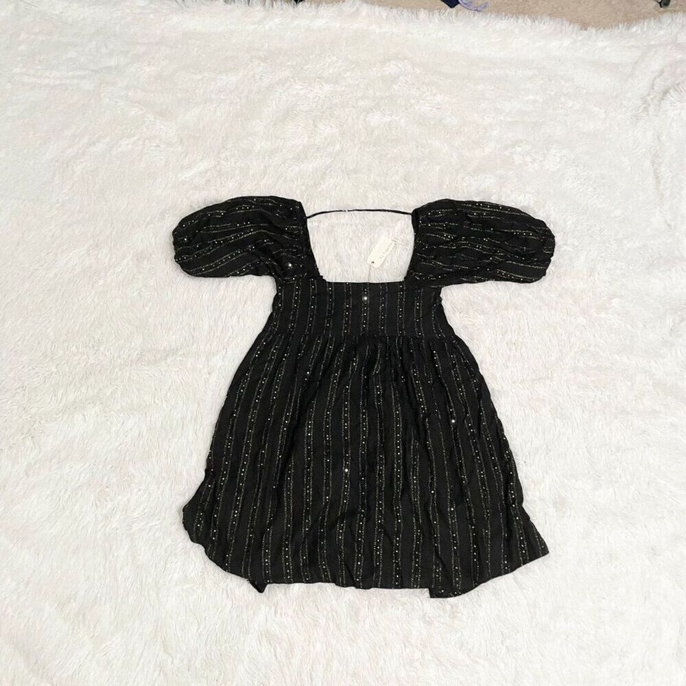 Women By Together Striped Sequin Puff Sleeve Babydoll Dress Black Green Small - Picture 11 of 12